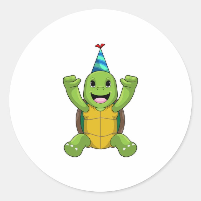Turtle at Birthday with Party hat Classic Round Sticker (Front)