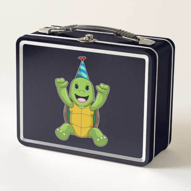 Turtle at Birthday with Party hat Metal Lunch Box (Front)