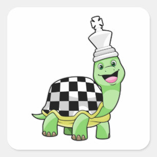 Turtle at Chess with Chess board & King Square Sticker
