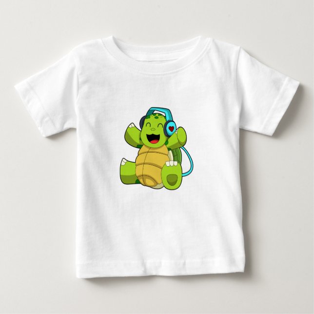 Turtle at Music with Headphone Baby T-Shirt (Front)