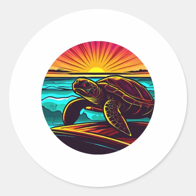 Turtle at Sunset, Inspiring Nature Design Classic Round Sticker (Front)