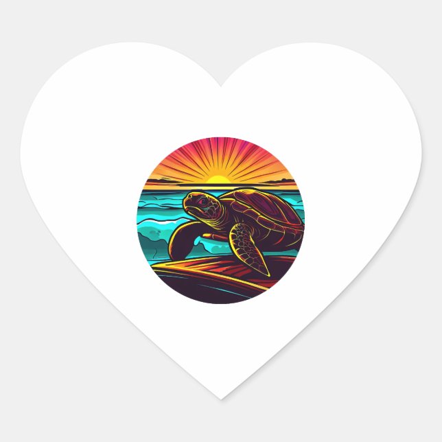 Turtle at Sunset, Inspiring Nature Design Heart Sticker (Front)