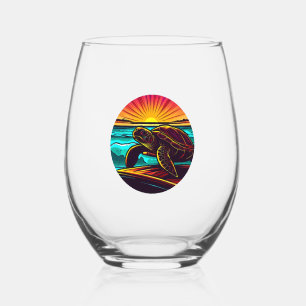 Turtle at Sunset, Inspiring Nature Design Stemless Wine Glass