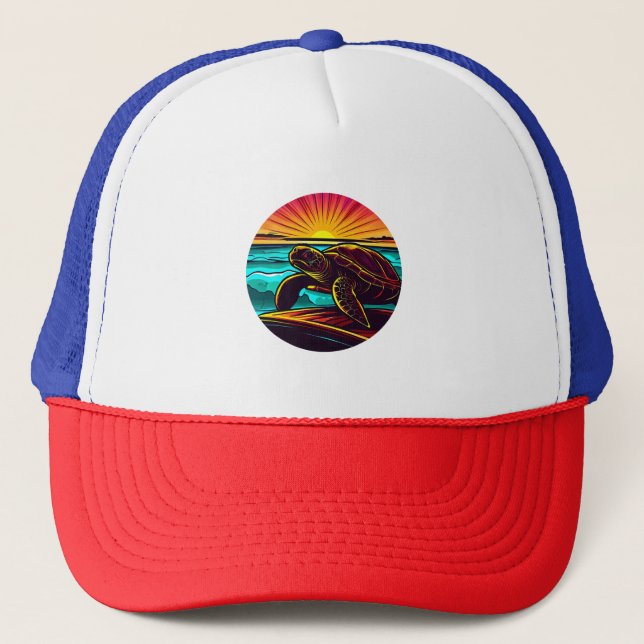 Turtle at Sunset, Inspiring Nature Design Trucker Hat (Front)