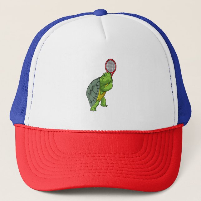 Turtle at Tennis with Tennis racket Trucker Hat (Front)