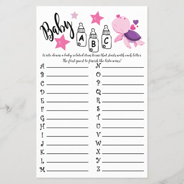TURTLE BABY ABC BABY SHOWER GAME CARD (Front)