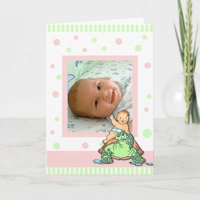 Turtle Baby Girl Birth Announcement Card (Front)