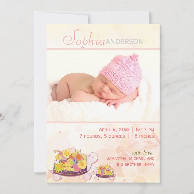 Turtle Baby Girl Photo Birth Announcement (Front)