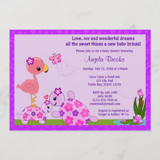 TURTLE Baby Shower Invitation Pond Flamingo PURPLE