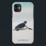 Turtle Beach Journey Personalised Name | Nature iPhone 11 Case<br><div class="desc">This design features a baby turtle making it's way to the ocean after being born. Personalise by editing the text in the text box or delete text for no name.
#turtle #sealife #ocean #seaturtle #leatherback #beach #sealife #personalised #iPhonecase</div>