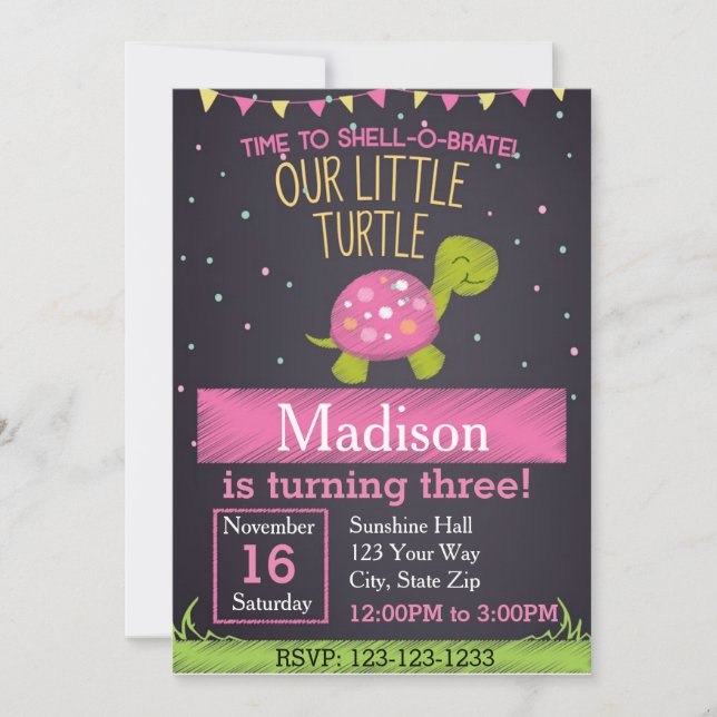 Turtle Birthday Invitation (pink) (Front)