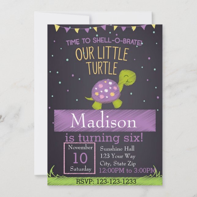 Turtle Birthday Invitation (purple) (Front)