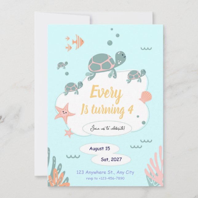 Turtle Birthday invitation under the sea invite (Front)