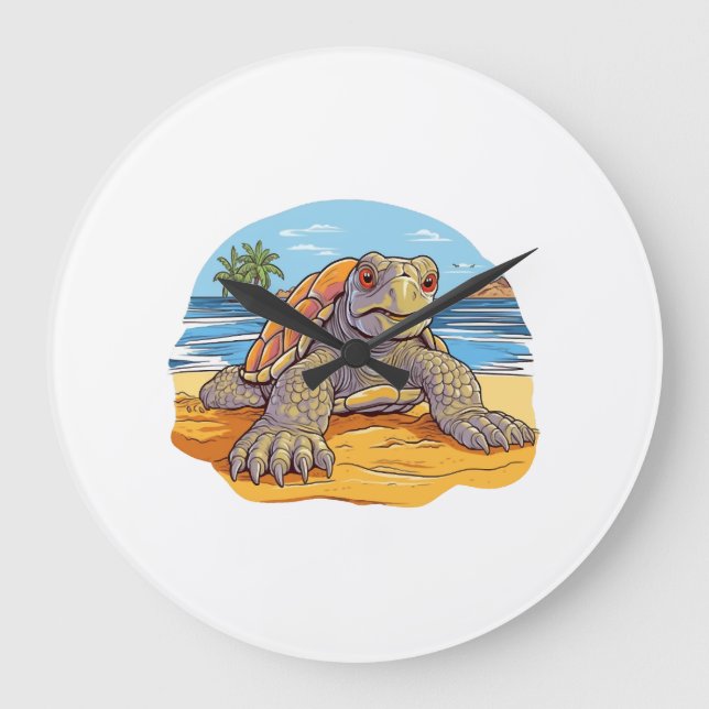 Turtle Cartoon beach Large Clock (Front)