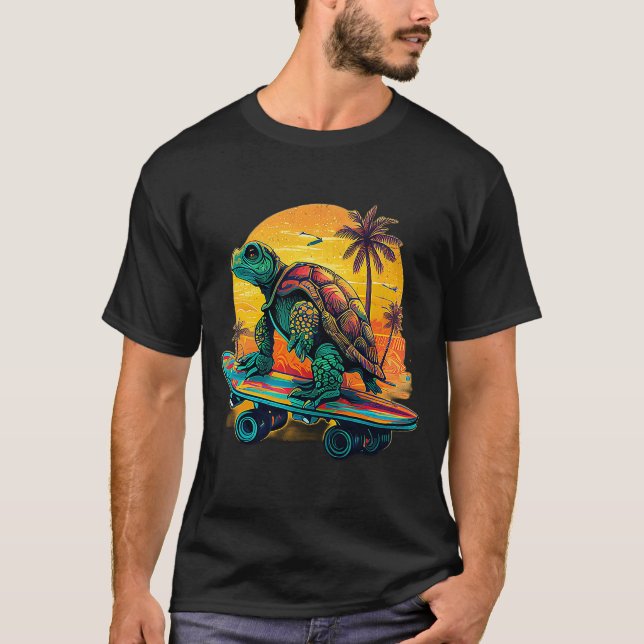 Turtle Cat Skateboarding Laughing Beach Cool Turtl T-Shirt (Front)