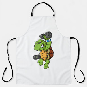 turtle character with dumbbell weights pose apron