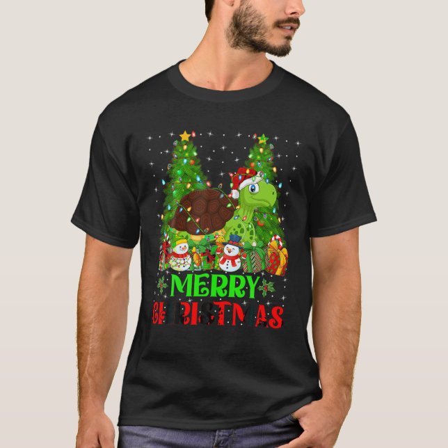 Turtle Christmas Tree Lights Matching Santa Turtle T-Shirt (Front)