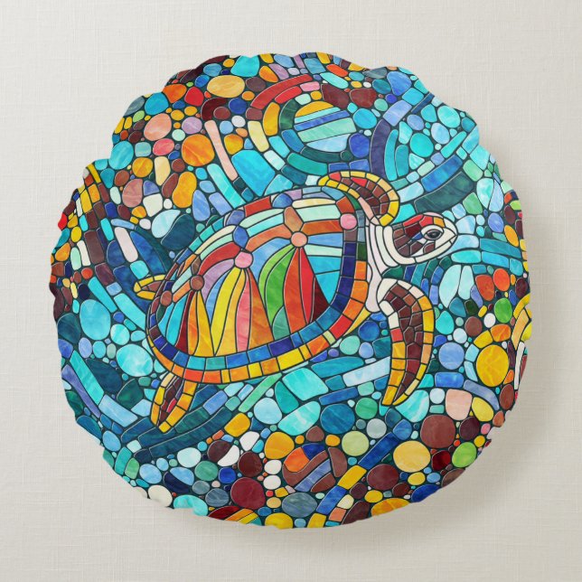 Turtle Colourful  mosaic art Round Cushion (Front)