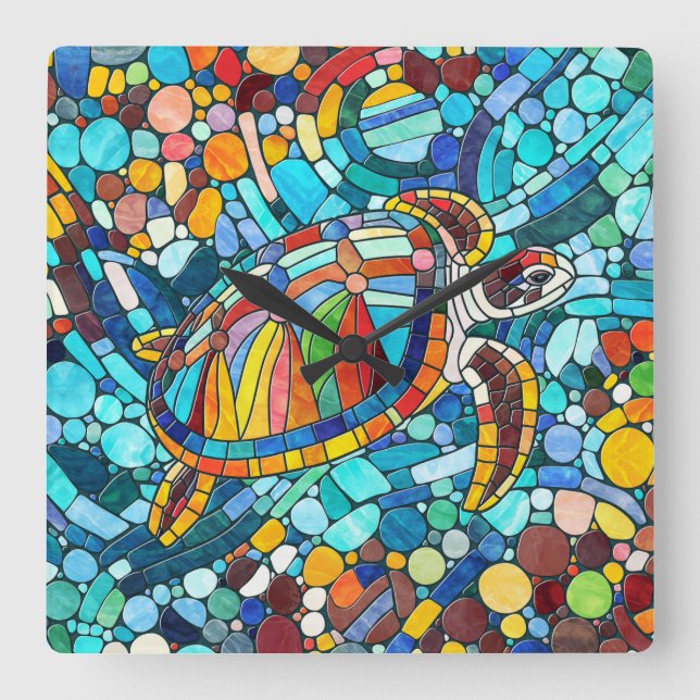 Turtle Colourful  mosaic art Square Wall Clock (Front)