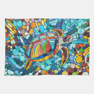Turtle Colourful mosaic art Tea Towel