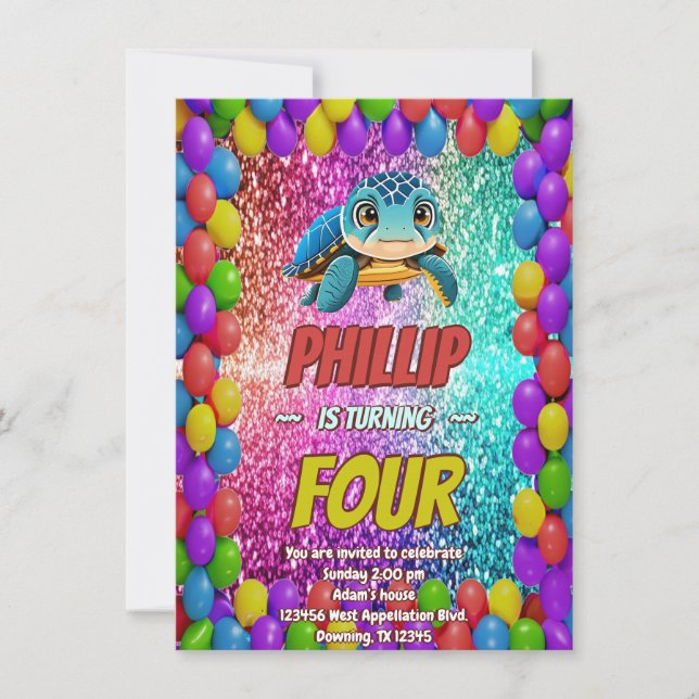 Turtle custom character birthday invite (Front)