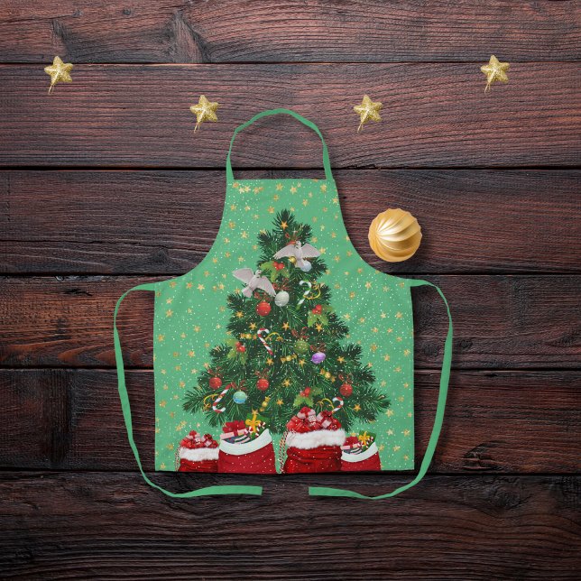 Turtle doves in Christmas background green Apron (Creator Uploaded)