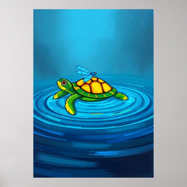 Turtle & Dragonfly – Whimsical Pond Friends Poster (Front)