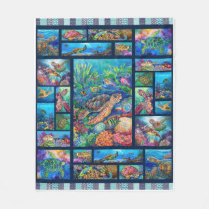Turtle Drawing Colourful Swimming Under The Ocean Fleece Blanket