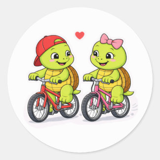 Turtle duo on colourful bicycles classic round sticker