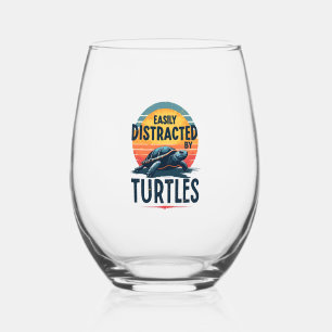Turtle Easily Distracted By Turtles Sea Vintage Ki Stemless Wine Glass