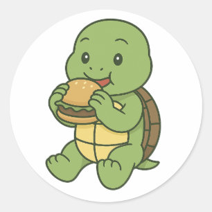 Turtle eating a burger classic round sticker