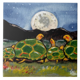 Turtle Family and Moon Night Scene 6" Tile Trivet