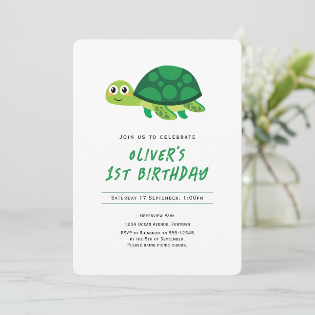 Turtle First birthday invitation (Standing Front)