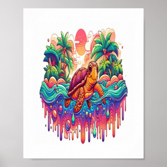 Turtle Floats in Liquid Garden. Poster (Front)
