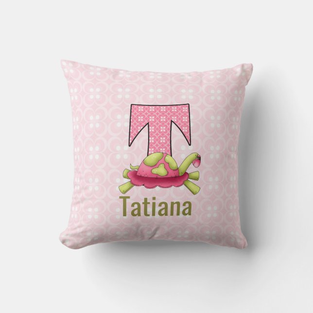 Turtle for Letter T in Pink Circle Pattern Girls Cushion (Front)