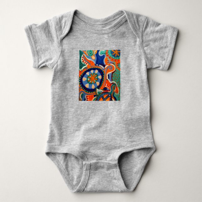 Turtle graphic in turquoise&orange on baby romper baby bodysuit (Front)