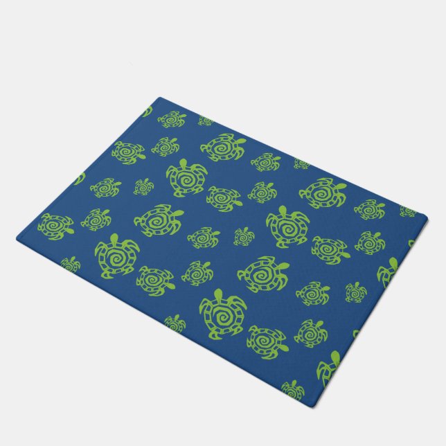 Turtle Green on Blue Doormat (Angled)