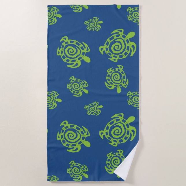 Turtle Green on Blue field Beach Towel (Front)