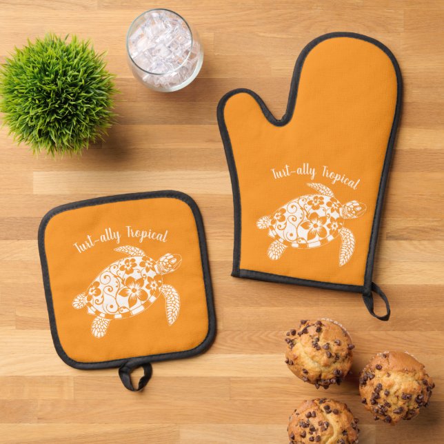 Turtle-Hawaiian-Fisherman Core-Orange Oven Mitt & Pot Holder Set (Top Down)
