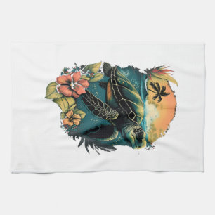 Turtle Hawaiian Sea Turtles Hibiscus Flower Copy C Tea Towel
