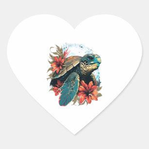 Turtle Hawaiian Sea Turtles Hibiscus Flower Heart Sticker