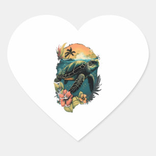 Turtle Hawaiian Sea Turtles Hibiscus Flower Heart Sticker