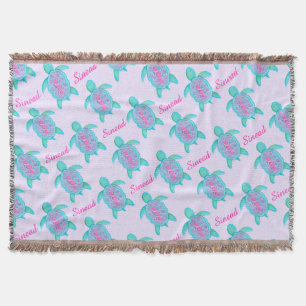 Turtle heart watercolor art name pattern throw