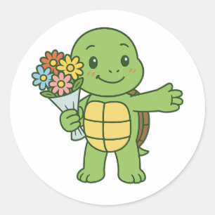Turtle holding a bouquet of flower classic round sticker