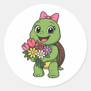 Turtle holding a flowers classic round sticker