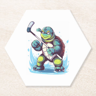 Turtle Ice Hockey Player Hockey Stick Goalie Copy Paper Coaster