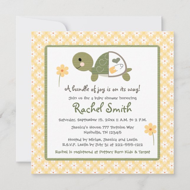 Turtle in Diaper Baby Shower Invitations in Yellow (Front)