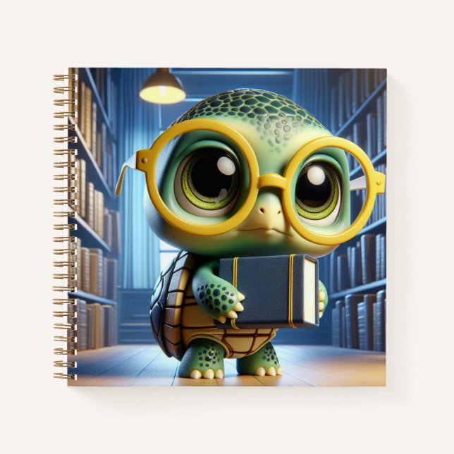 Turtle in Glasses in Library, by Natasha Us   Notebook (Front)