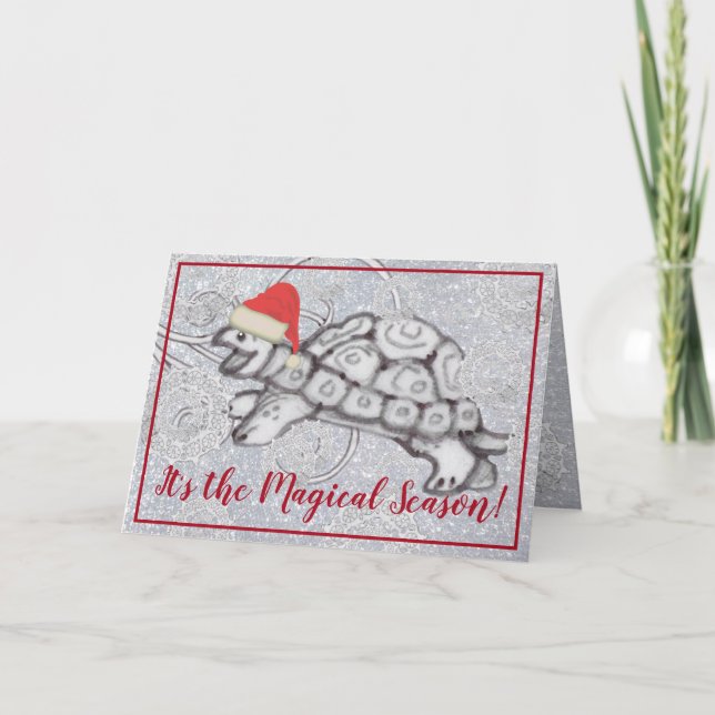 Turtle in Santa Hat Glitter Snowflake Christmas Holiday Card (Front)