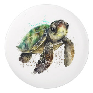 Turtle in Watercolor Ceramic Knob